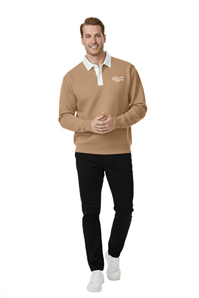 DeepSEA Men's Camel Relax Fit Fleece Lined Polo Neck Sweatshirt – Cotton Thick Sweatshirt 2600762
