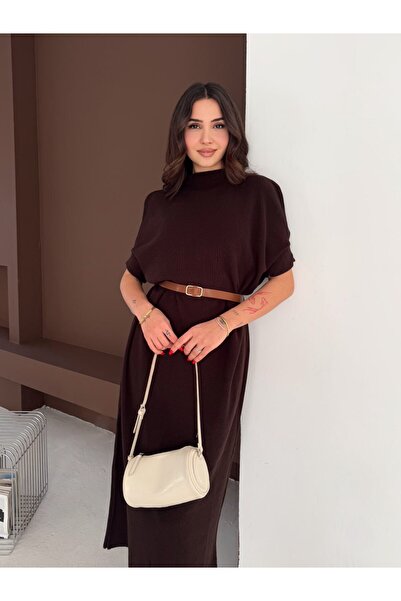 MAXXANA guler ridicat Rochie midi din bumbac cu material reiat mâneci pe jumătate și curea