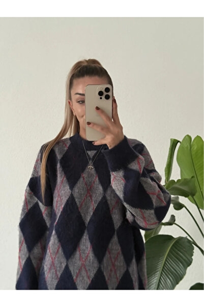 POİNE Women's Diamond Patterned Oversized Premium Knitwear Sweater