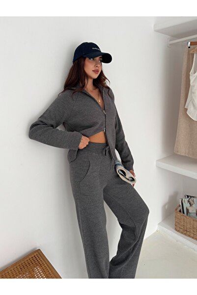 MAXXANA Stand Collar Ribbed Cardigan and Pants Two-Piece Knitwear Set