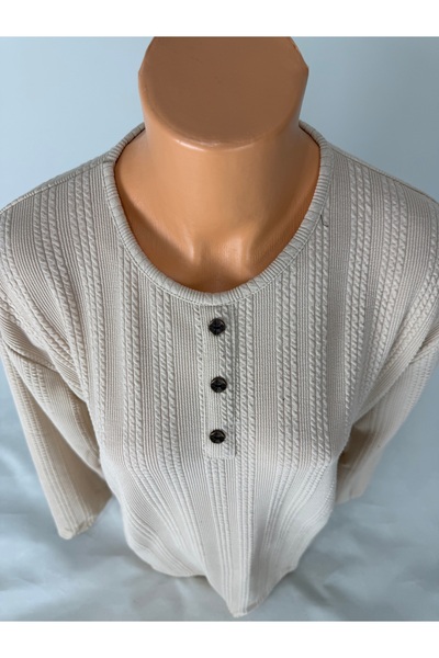 YAŞAR TRİKO Women's Knitted Patterned Crew Neck Long Sleeve Side Slit Wool Mother Combed Cotton T-Shirt