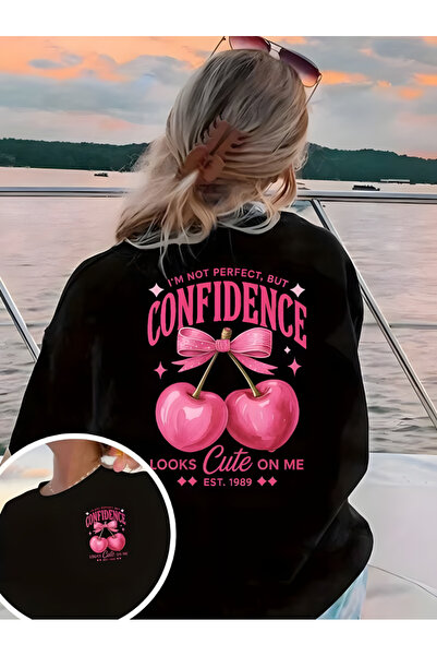 Printiva تي شيرت Zenrova للجنسين قصة فضفاضة CONFIDENT Ba مطبوع ذو الرقبة الدائرية وأكمام قصيرة باللون الأسود