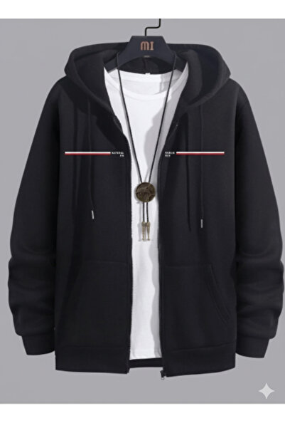 NİCE Men's Black Paris Thin Line Zippered Hooded Cardigan