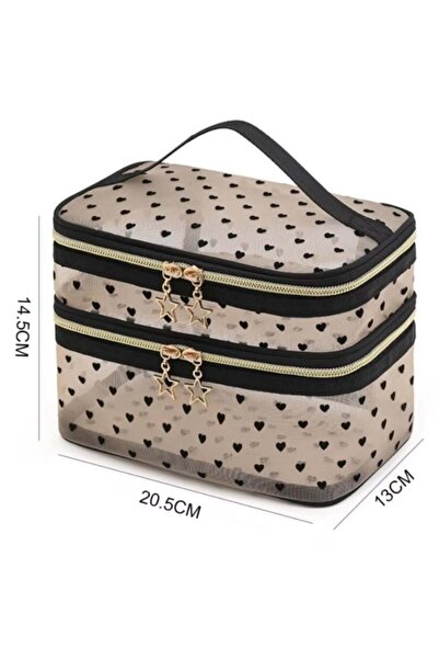 Generic Portable mesh makeup bag with a heart print.