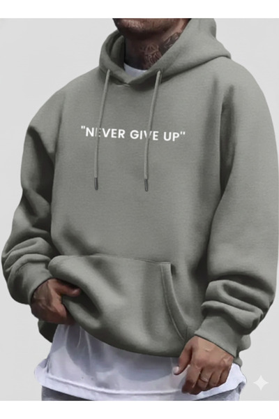 NİCE Men's Hooded Kangaroo Pocket 3-Thread Cotton Front Printed I Naver up Sweatshirt