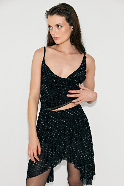 GRIMELANGE Latido women's degaje neckline tulle overlay blouse with stone detailing, lining, and strappy chic black-crystal embellished top