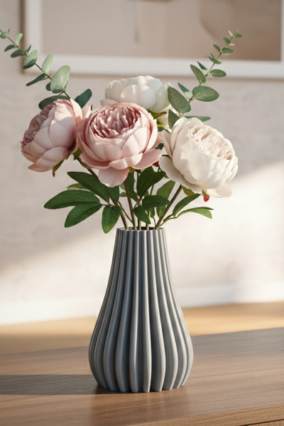 MEK Modern Çizgili Dekoratif Plastik Vazo Gri (18x12cm)