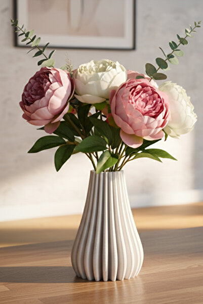 MEK Vază decorativă modernă din plastic cu dungi albă (18x12cm)