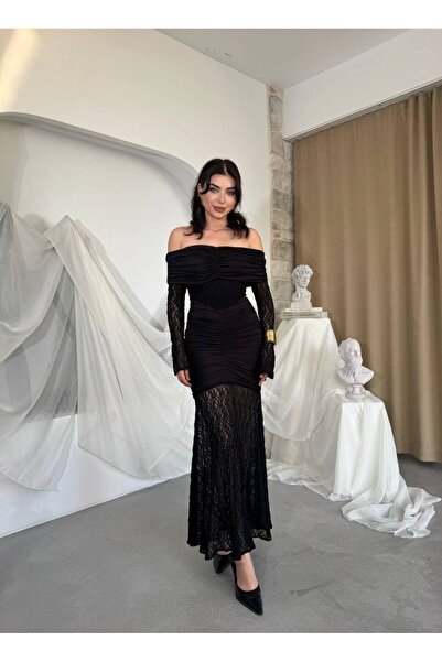 ETİKAFASHION Madonna Yaka Drapeli Dantel Elbise