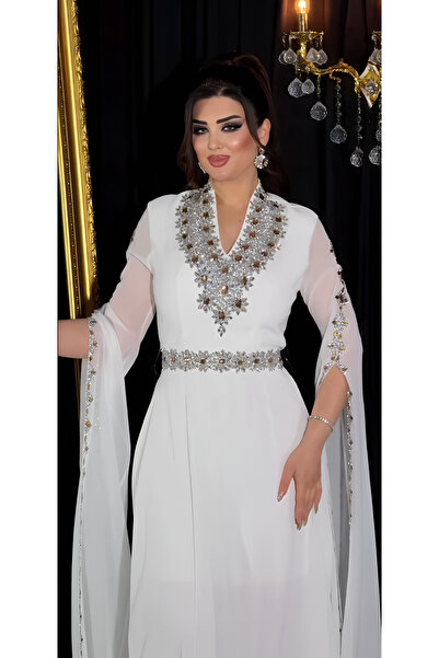 NHMODA Laser Stone Appliqued Chiffon Fabric Evening Dress