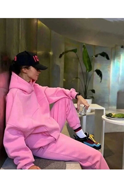 DXayn Nakış İşlemeli Üç İplik Sweat Takım- Pembe