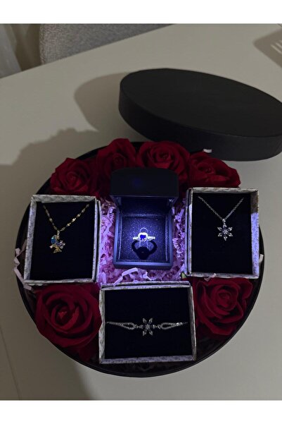 HKN AVM ACCESSORİES ışıklı kutuda gümüş renk mor kalp yüzük lotus kolye sevgiliye doğum günü hediyesi 14 şubat sevgililer günü hediyesi advent calendar
