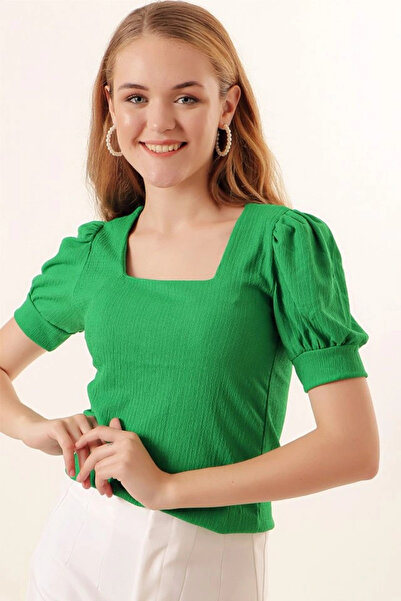 nedo7 0409 Square Neck Knitted Blouse - Green