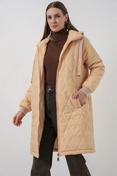 nedo7 5138 Quilted Long Puffer Jacket - Beige