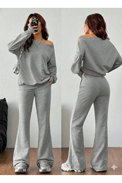 nedo7 Women's Long Sleeve One Shoulder Open Two Thread Blouse and Pants Two Piece Set