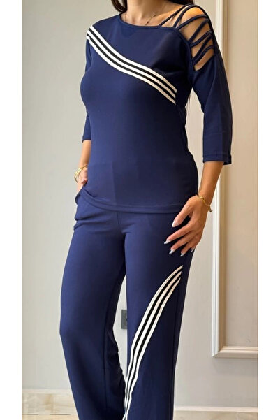 nedo7 Women's Long Sleeve Three Quarter Sleeve One Shoulder Cross Striped Detail Ribbed Viscose Two Thread Blouse and Pant