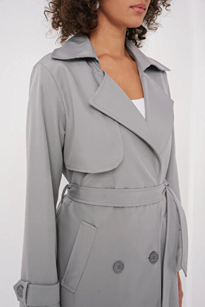 nedo7 5918 Double Breasted Collar Trench Coat - Gray