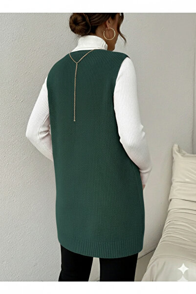 MaxiMor Women's Deep V-Neck Pocketed Knitwear Sweater Vest Pullover Loose Fit Smlxl Size Compatible Length 85 cm