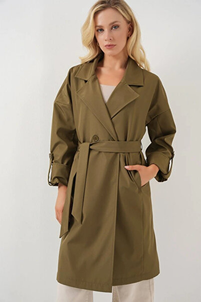 nedo7 9104 Double Breasted Collar Lined Trench Coat - Khaki