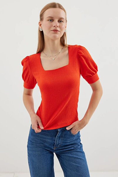 nedo7 0409 Square Neck Knitted Blouse - Orange