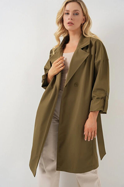nedo7 9104 Double Breasted Collar Lined Trench Coat - Khaki