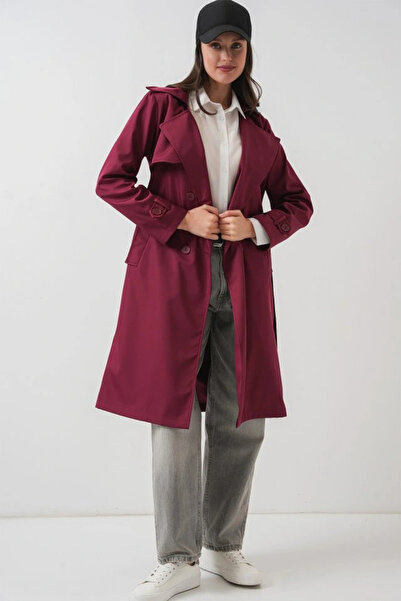 nedo7 5918 Double Breasted Collar Trench Coat - Claret Red