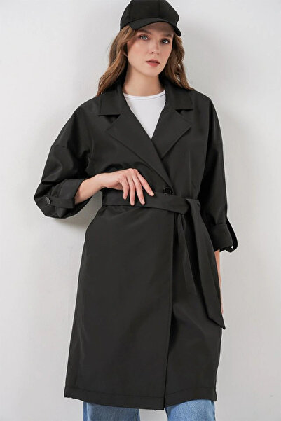 nedo7 9104 Double Breasted Collar Lined Trench Coat - Black