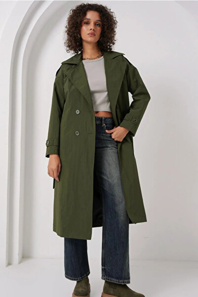 nedo7 5936 Double Breasted Collar Trench Coat - Khaki