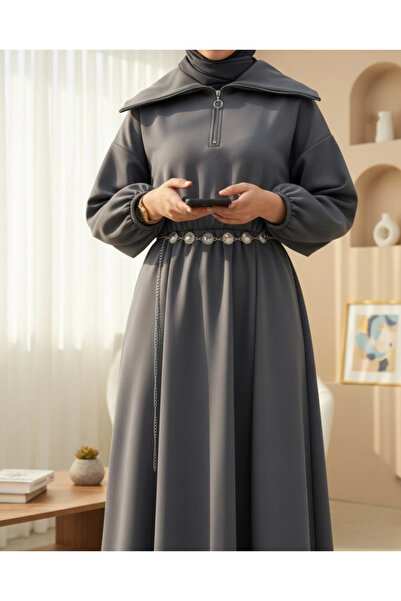 nedo7 High-Necked Half-Zippered Gathered Waist Belted Scuba Dress - Smoked