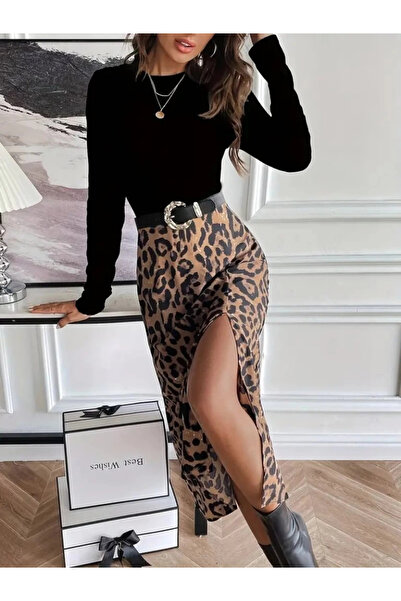 nedo7 Women's Long Sleeve Crew Neck Imported Crepe Blouse Bottom Patterned Modal Midi Dress