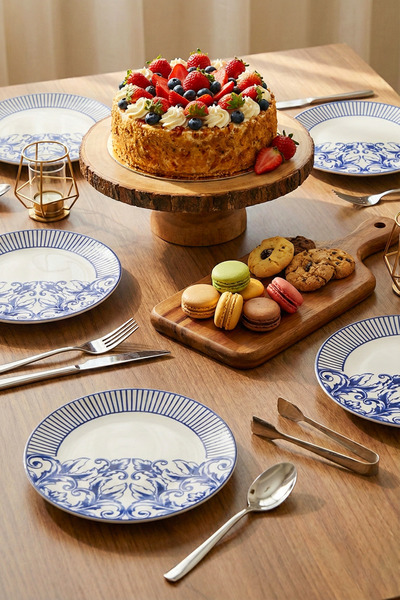 grandora Mavi Beyaz Floral Desenli 6'lı Pasta Tabağı Seti (20 CM) – Tatlı Pasta Tabakları, Çizgili Bordürlü