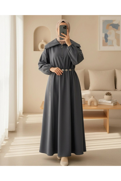 nedo7 High-Necked Half-Zippered Gathered Waist Belted Scuba Dress - Smoked