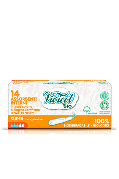 Vivicot Tampoane din bumbac bio hipoalergenic, compostabil, cu aplicator (14 buc) - 3 picaturi - BIO