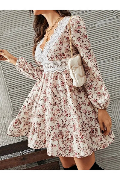 nedo7 Women's Long Sleeve Lace V-Neck Mini Patterned Single Jersey Dress