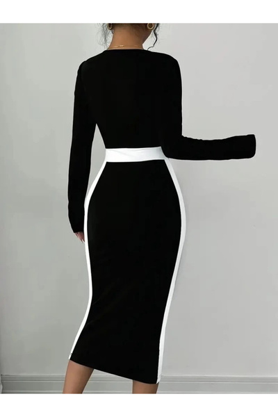 nedo7 Women's Long Sleeve Geometric Collar Midi Imported Crepe Dress