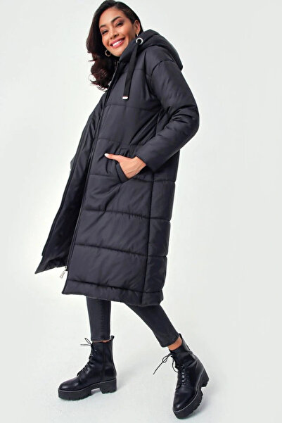 nedo7 5120 Hooded Long Puffer Jacket - Black