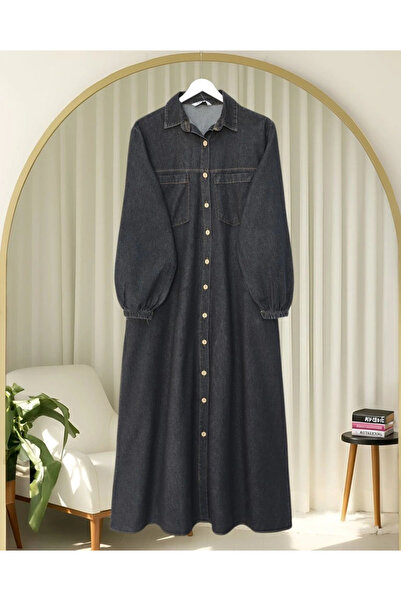 nedo7 Buttoned Sleeve Denim Dress with Elasticated Pockets - Anthracite
