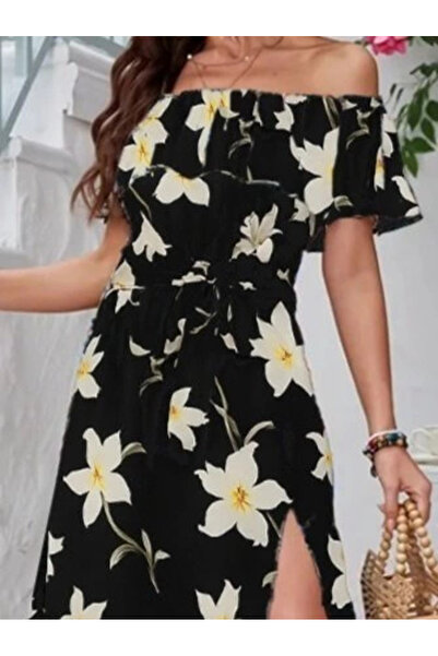 nedo7 Women's Short Sleeve Madonna Collar Ruffled Waist Slit Maxi Knitted Crepe Dress