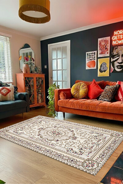 Kessy Home Studio Krem Vintage Klasik Çiçekli Modern Kaymaz Salon Halısı Maki...