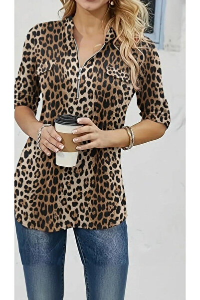 nedo7 Women's Long Sleeve High Neck Zipper Geometric Pattern Single Jersey Blouse