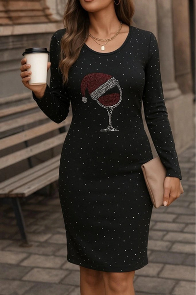 nedo7 Women's long sleeve stone goblet print diver mini length dress