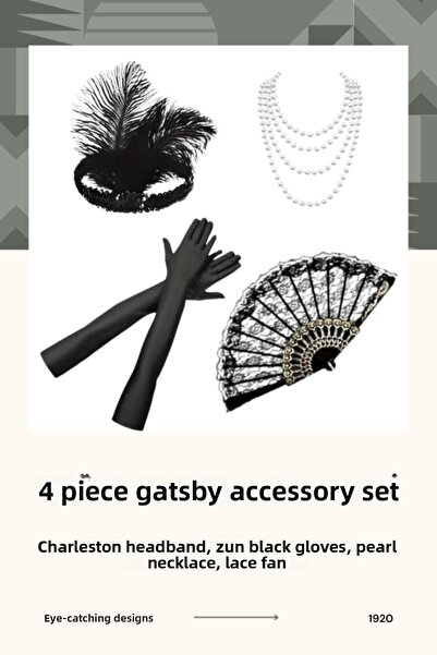 shop Set de 4 accesorii de lux Gatsby - Bentiță Charleston, mănuși lungi, col...