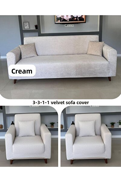 OSIO Velvet 3 3 1 1 Sofa Cover Set, Stretchable Fabric with Elastic