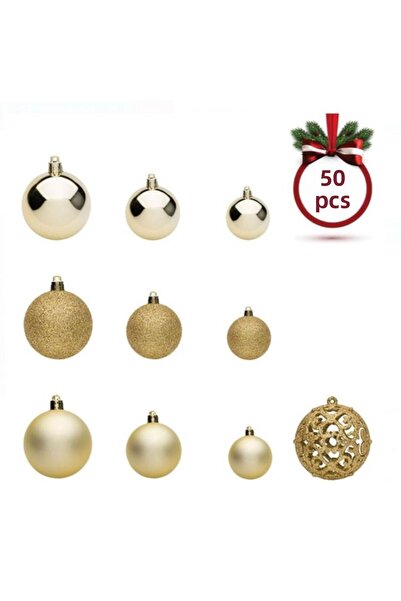 So Iconic 50 قطعة من كرات شجرة عيد الميلاد اللامعة والمطرزة باللون الذهبي / زينة عيد الميلاد مقاس 3-4-6 سم