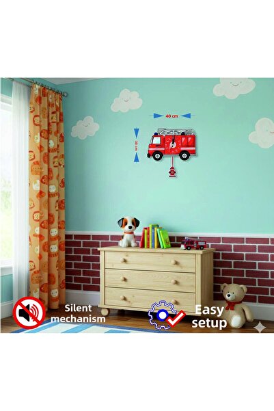 Ste Desing ساعة حائط لغرفة الأطفال بتصميم سيارة إطفاء مزخرفة مع ميزان صامت