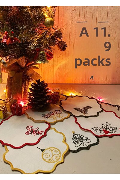 Mora Tekstil Set of 6 Embroidered Presentation Napkins – Christmas/New Year Themed Decorative Presentation Napkins