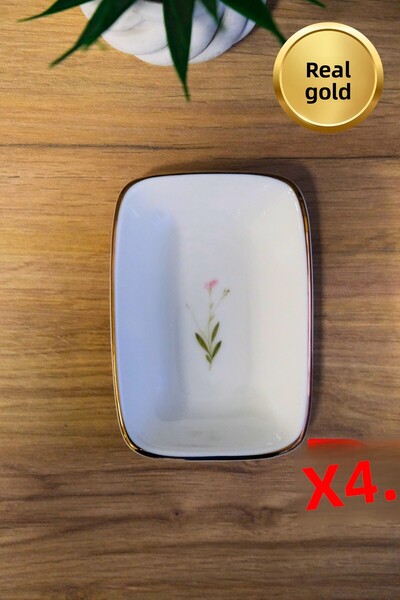 tabakevi Tabak Evi Porcelain Natura Broadcloth Gold Gilded Rectangular Boat Plate 14X9,8Cm Set of 4