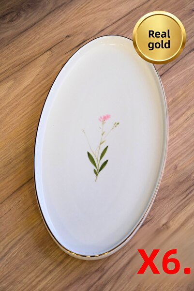 tabakevi Tabak Evi Porcelain Natura Broadcloth Gold Gilded Oval Boat 32,50X17X2,50Cm Set of 6