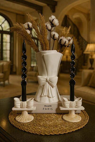 Zigzag Home Fundiță boemă de dimensiuni mari, vază pentru buchet / 2 fundețe, suport pentru lumânări cu panglică cadou / set de vază și suport pentru lumânări