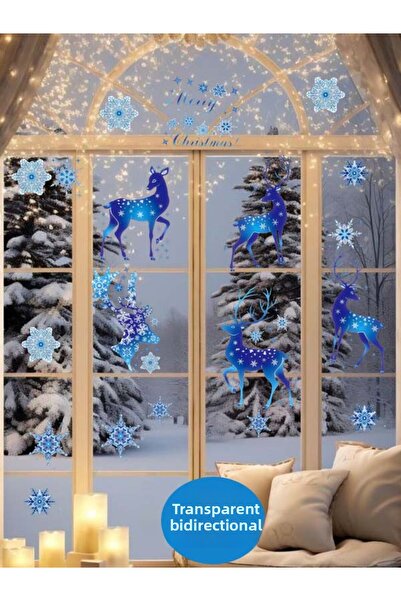 aiki Transparent Double-Sided, Blue Deer and Snowflakes, Christmas Decoration, Glass, Wall Sticker, 30 X 100cm